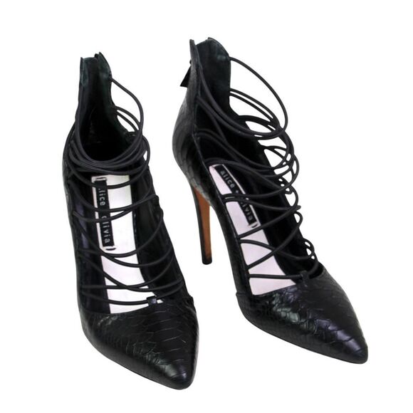 Alice + Olivia BLACK REAL LEATHER HIGH HEEL POINTED STRAPPY ZIP PUMP SHOES Sz 39 - Picture 1 of 11
